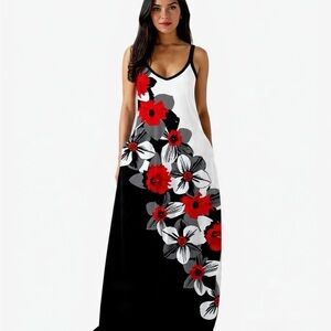 V-Neck Black & White Maxi Dress with Red Floral Print